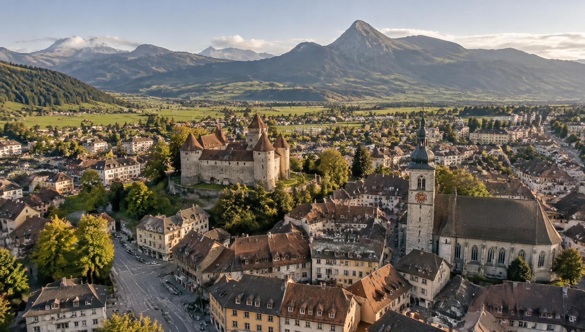 Vue aérienne de Bulle avec son château et la Gruyère